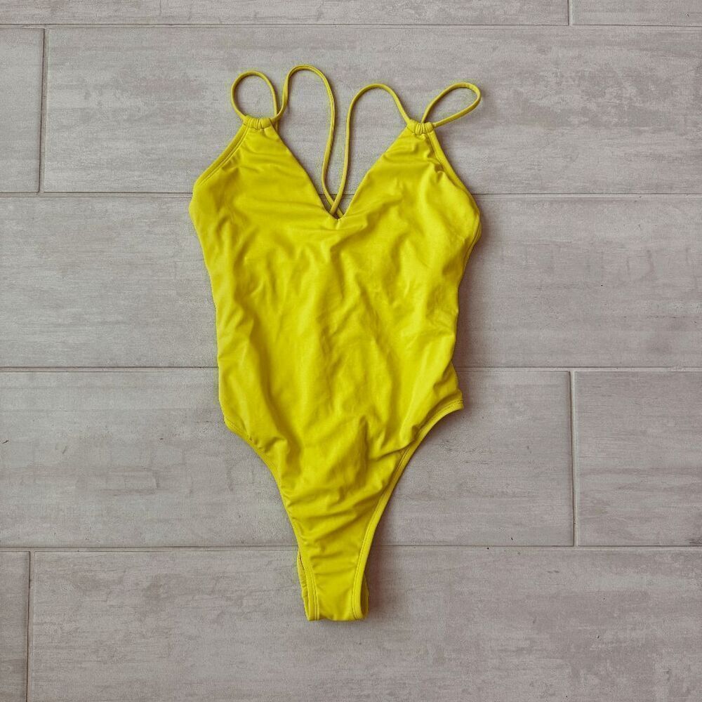 Shade & Shore Yellow Plunge Swimsuit One Piece Tie Back Cheeky Medium High Leg
